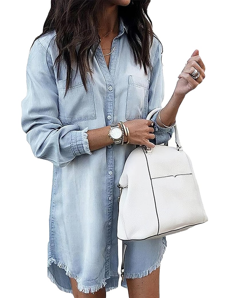 Zilcremo Women Denim Shirt Dresses Long Sleeve Distressed Jean Dress Button Down Casual Tunic Top Lightblue S - Image 1